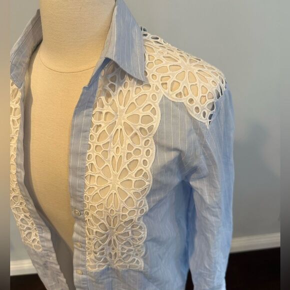 Sandro Blue White Strip Lace Insert Long Sleeve Button Down Blouse Shirt size 2 - Picture 3 of 15